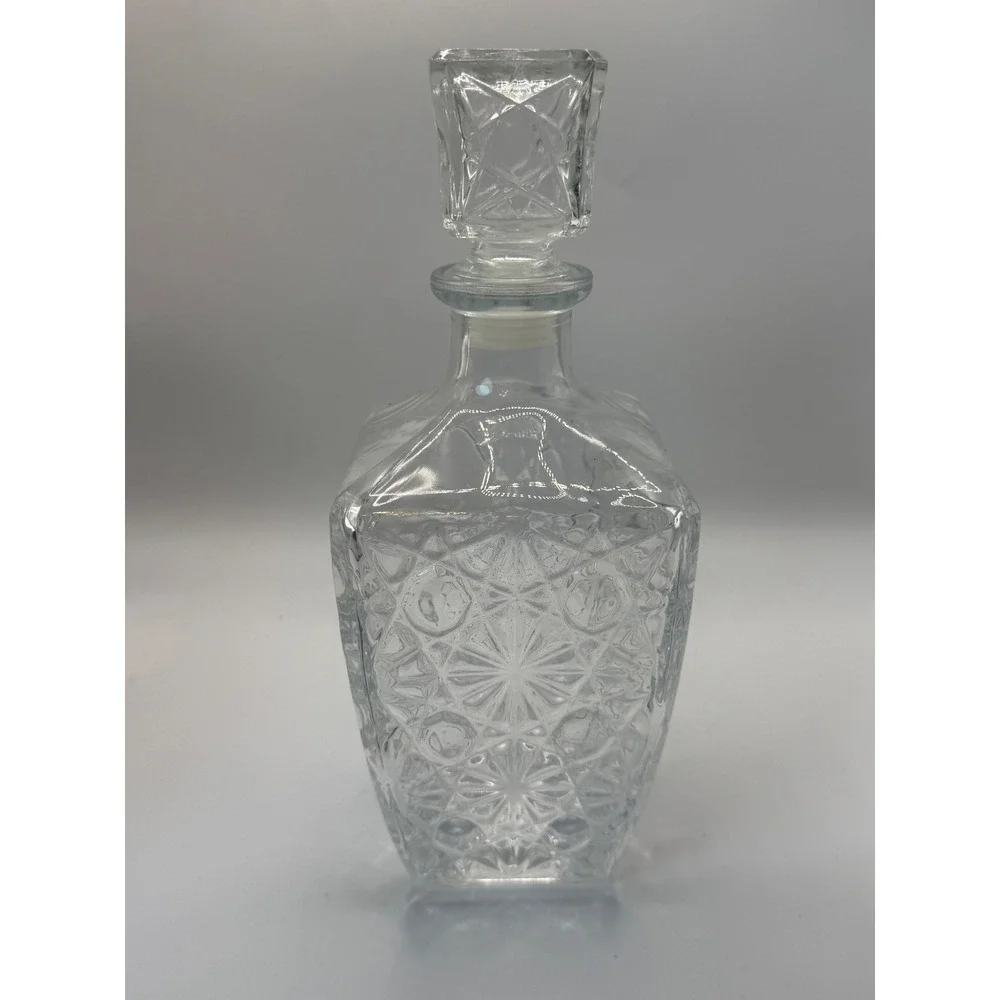 Vintage Clear Glass Square Liquor Decanter with Starburst Diamond Cut Pattern